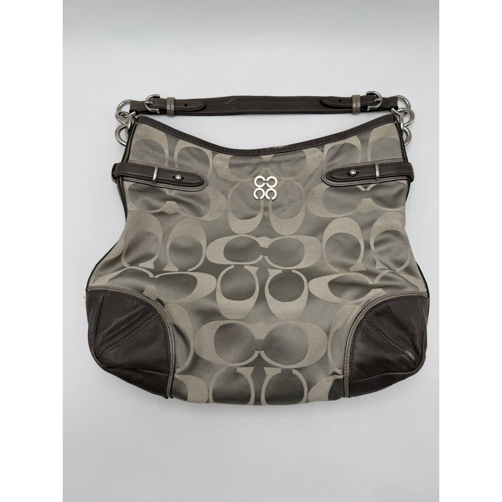 COACH Handbag Colette Signature Gray Sateen Leather Canvas Hobo Timeless Purse